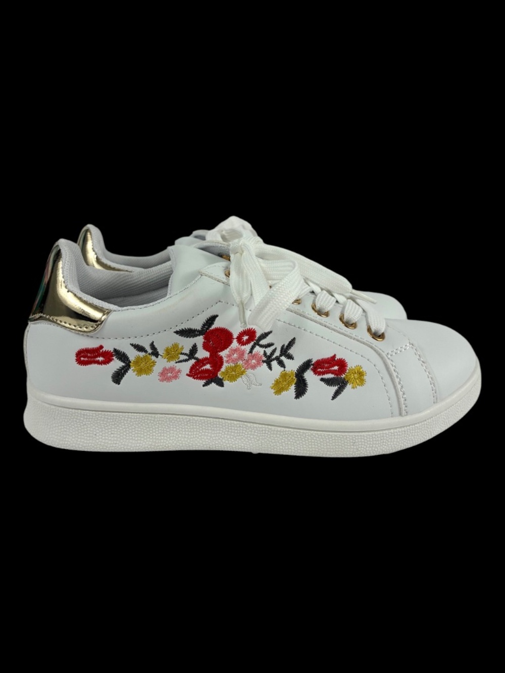 Floral Embroidered Chunky Sneakers NEW 5 Rainbow Flowers Gold Tab Contrast Shoes